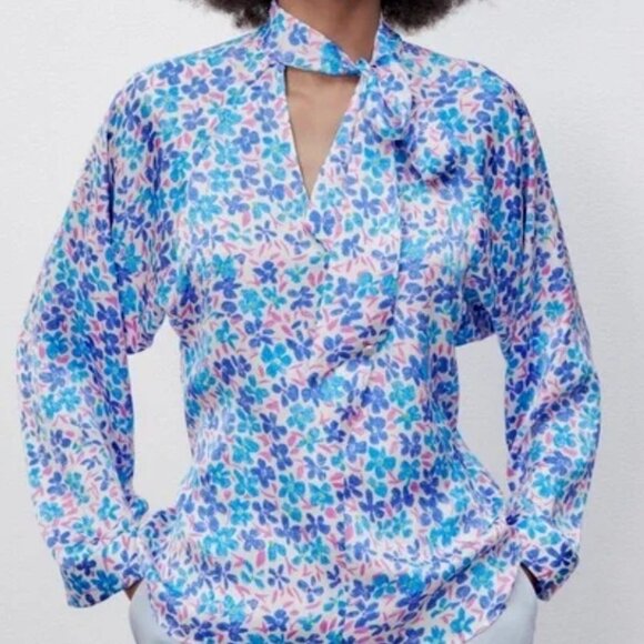 Zara Painted Floral Blue  Bow Neckline Long Sleeve Blouse XS - Picture 1 of 8